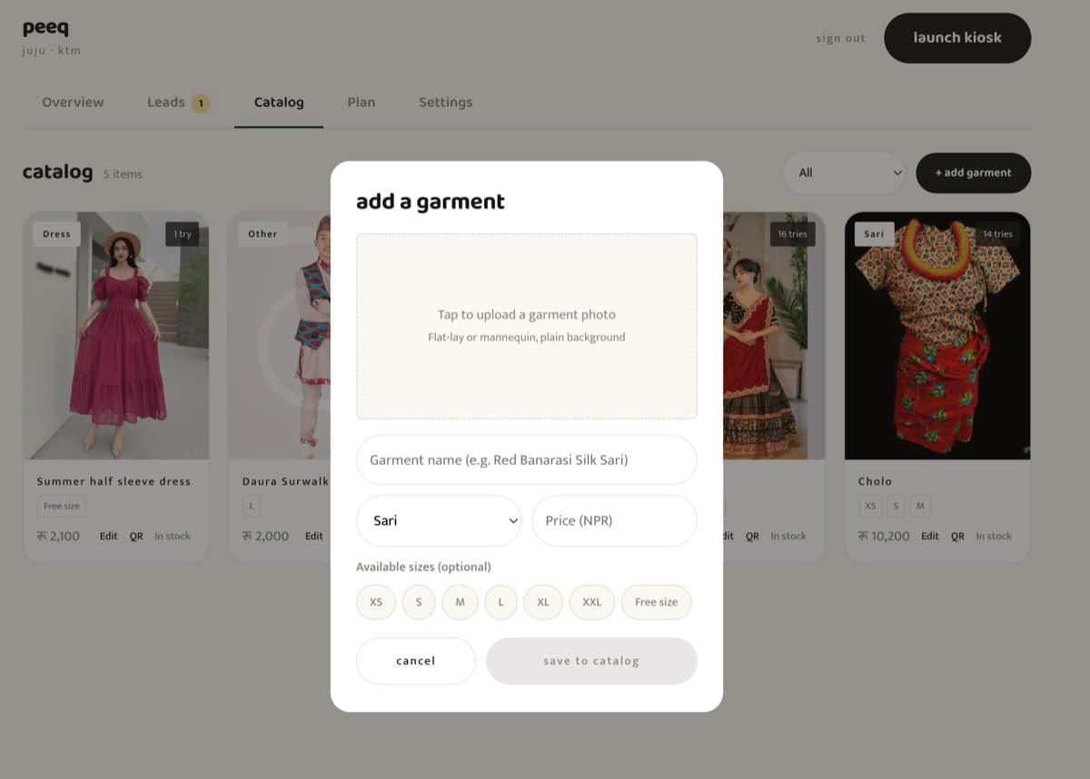 The peeq vendor dashboard — adding a garment with one photo