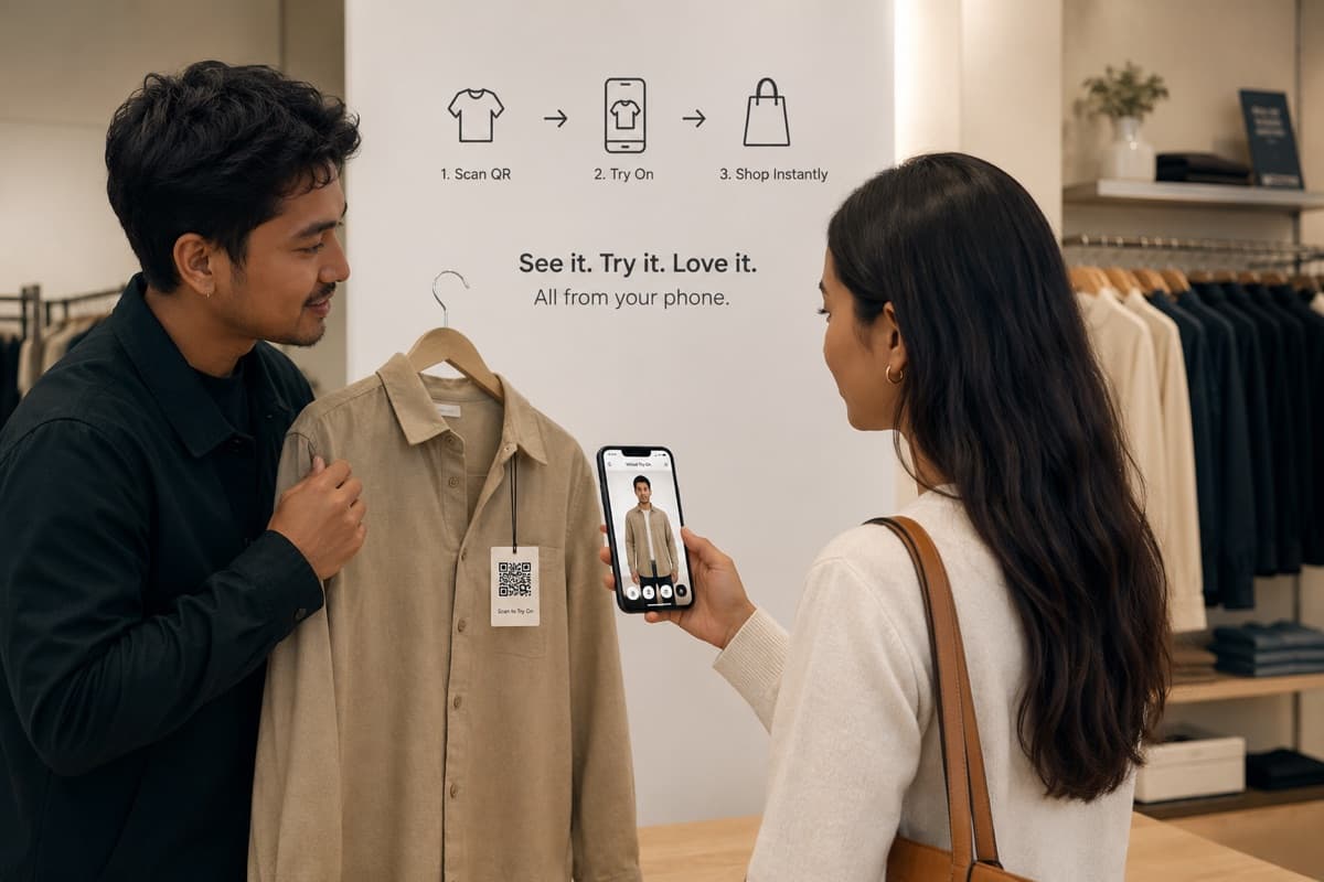 A shopper scanning a hanger QR and seeing the shirt on themselves
