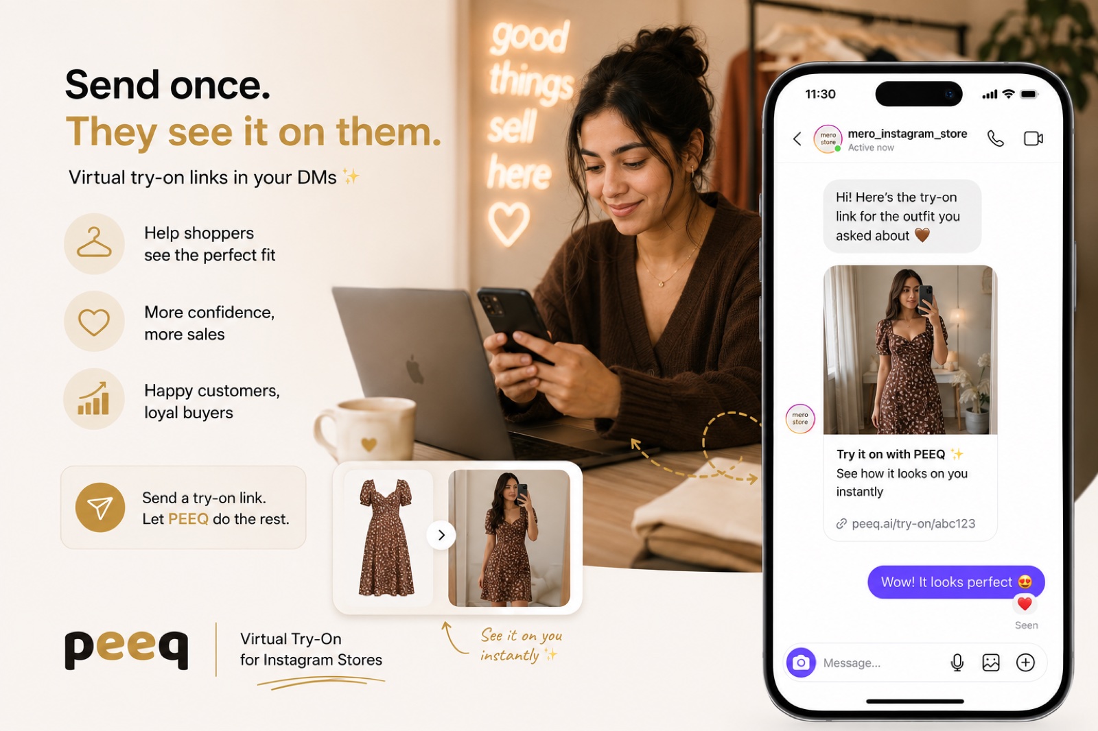 Send once. They see it on them — peeq try-on links in your Instagram DMs